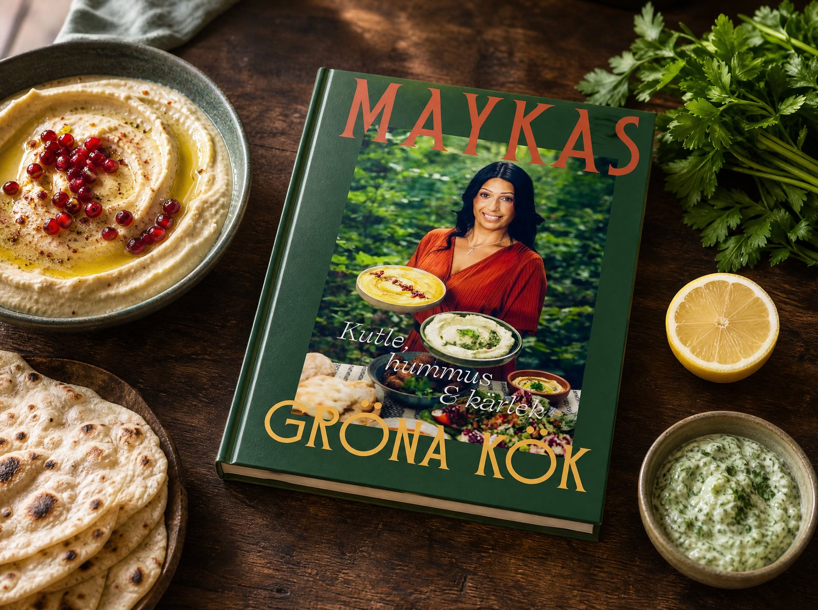 Boken Maykas gröna kök på ett bord bland hummus, tunnbröd och persilja